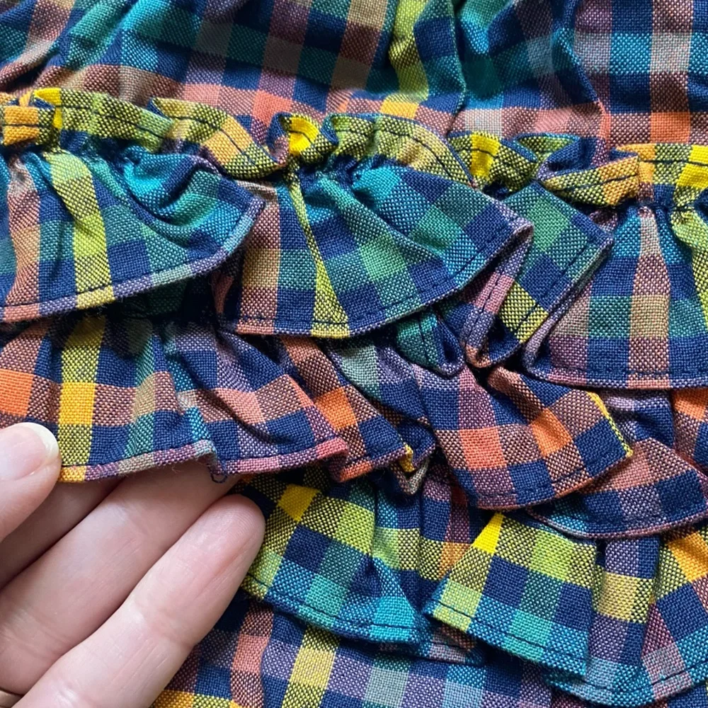 NWT RuffleButts Harvest Rainbow Gingham Long Sleeve Smocked Bubble Romper, 0-3M